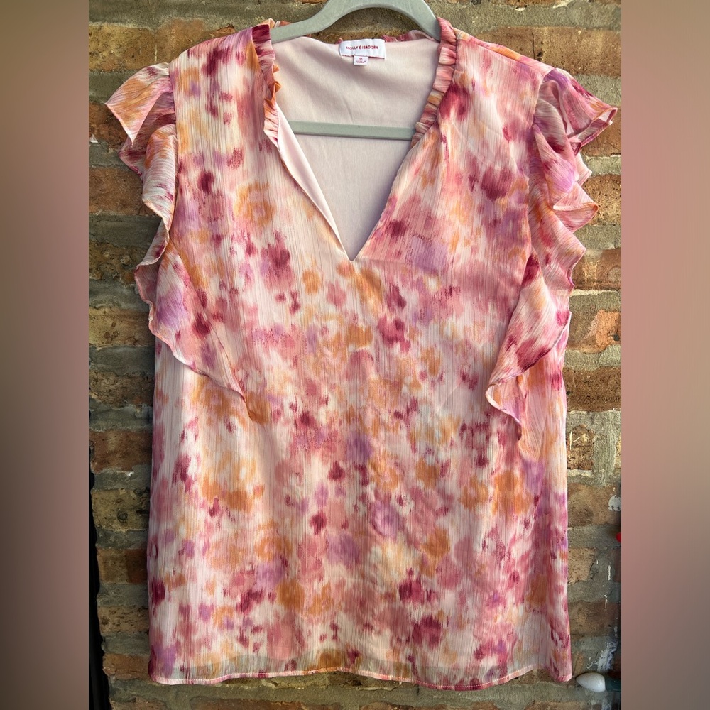 Molly & Isadora Sleeveless top with Ruffle Detail. Lined. V neck. Dia & Co.